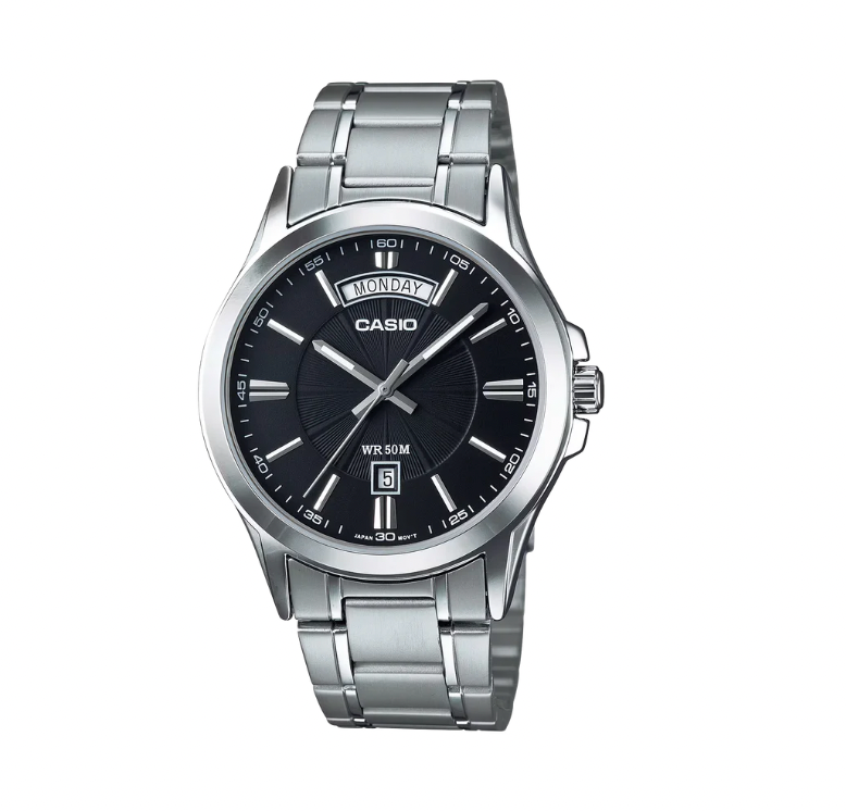 Casio Analogue Black Face, Stainless Steel Band Watch