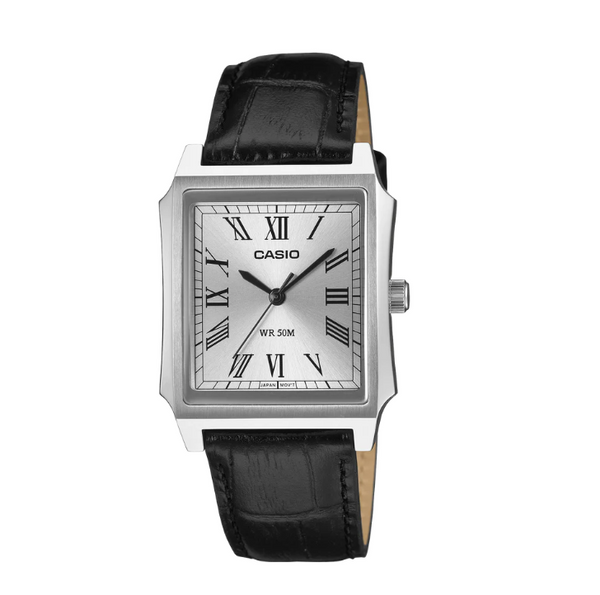Casio Analogue Square Dial Silver, Black Leather Band Watch