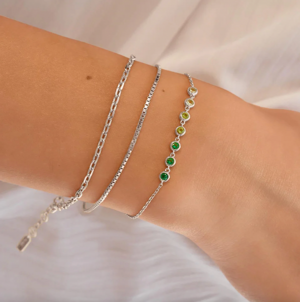 The Ripple Joy: Green CZ Station Bezel Silver Bracelet