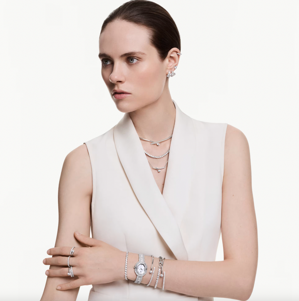 Matrix: White Round Cuts Crystal Silver Bangle - 2 Sizes