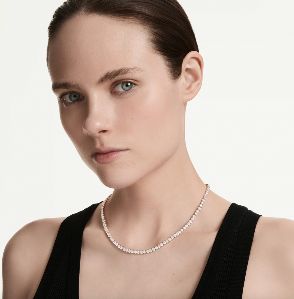 Matrix: White Round Cuts Crystal Rosegold Tennis Necklace