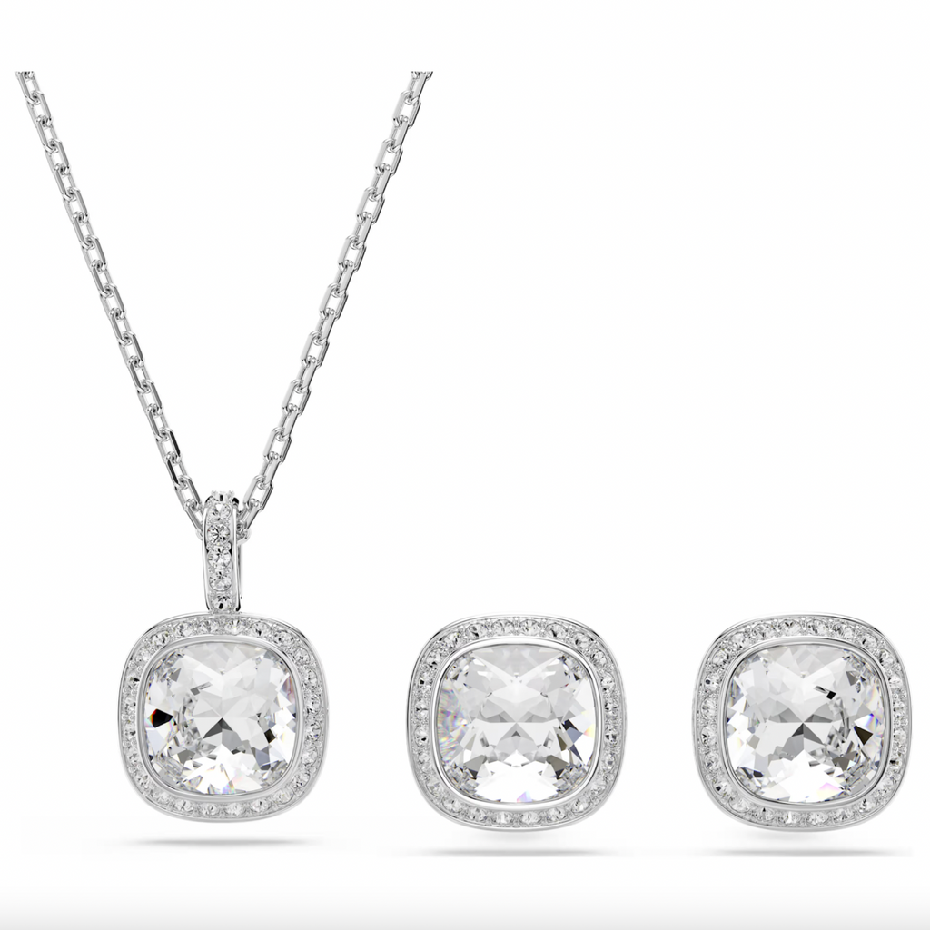 Una Angelic: White Cushion Cut Crystal Silver Set (Earring & Pendant)