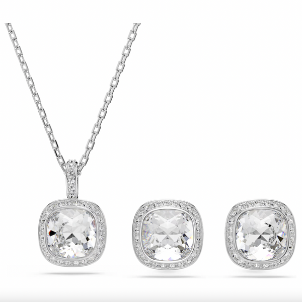 Una Angelic: White Cushion Cut Crystal Silver Set (Earring & Pendant)