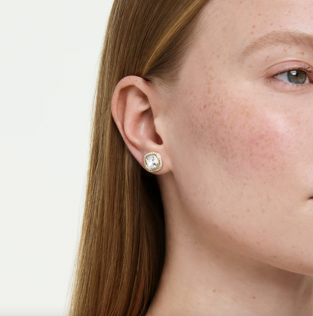 Una Angelic: White Cushion Cut Crystal Gold Stud Earrings