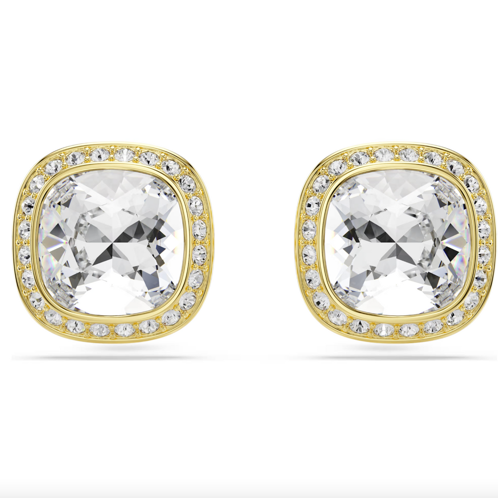 Una Angelic: White Cushion Cut Crystal Gold Stud Earrings