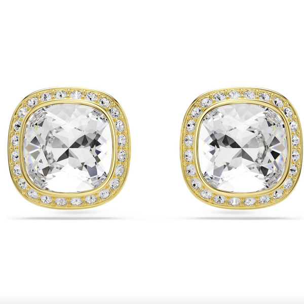 Una Angelic: White Cushion Cut Crystal Gold Stud Earrings