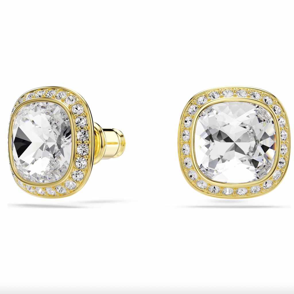Una Angelic: White Cushion Cut Crystal Gold Stud Earrings