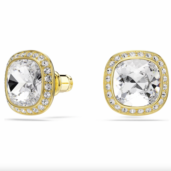 Una Angelic: White Cushion Cut Crystal Gold Stud Earrings