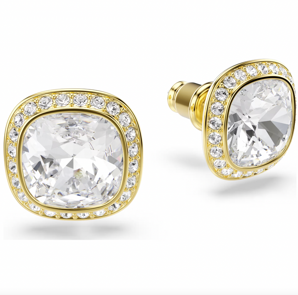 Una Angelic: White Cushion Cut Crystal Gold Stud Earrings