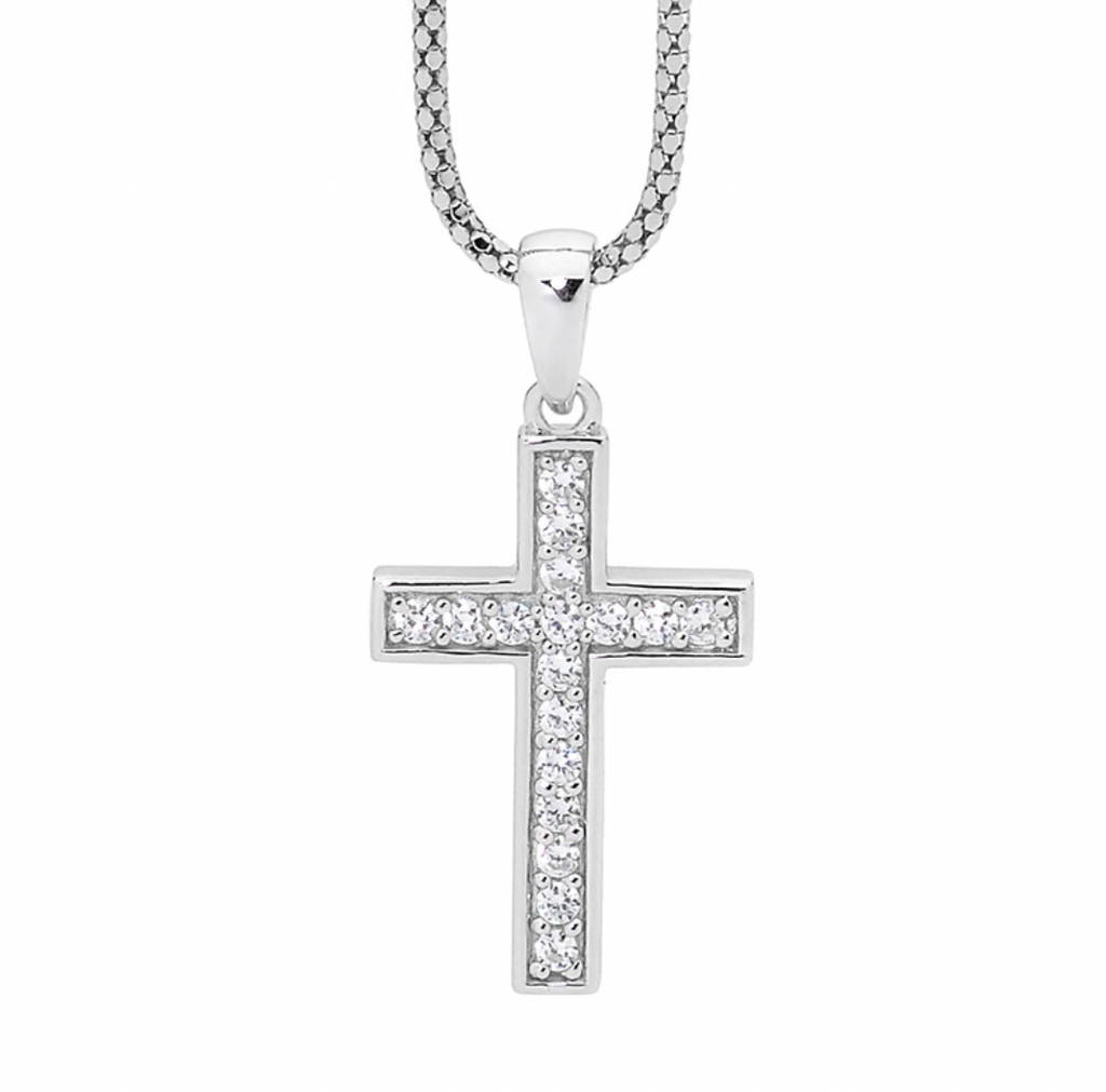 Cubic Zirconia Cross Silver Pendant Necklace