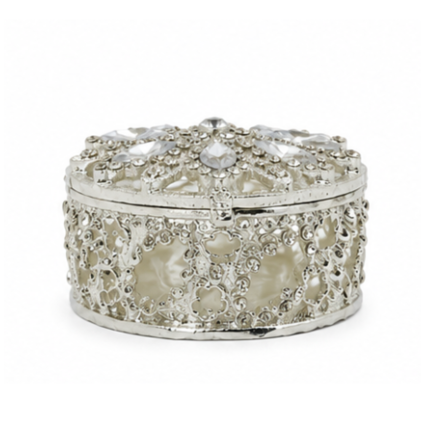 Metal Hollow Round Shaped Jewellery Box Decorated with Large Rhinestones
