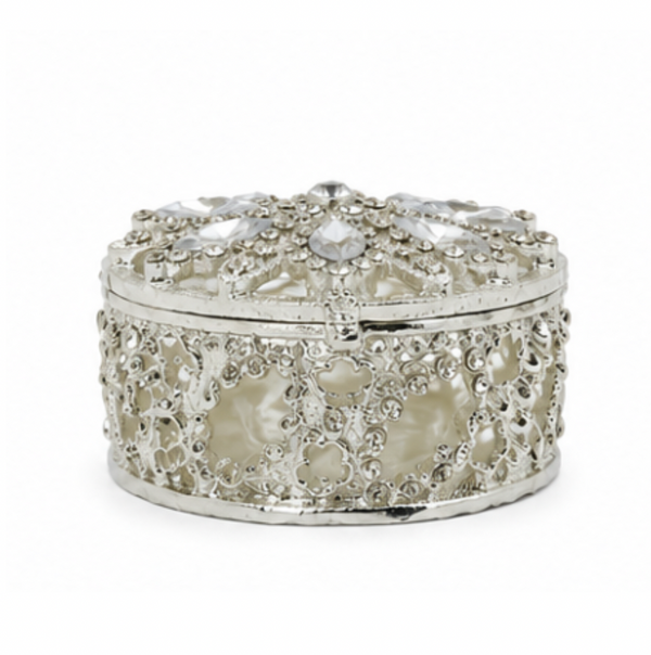 Metal Hollow Round Shaped Jewellery Box Decorated with Large Rhinestones