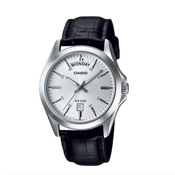 Casio: Analogue Silver Face, Day + Date, Black Leather Band Watch
