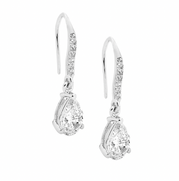 Teardrop White CZ Cut with White CZ Shepherds Hook Silver Earrings