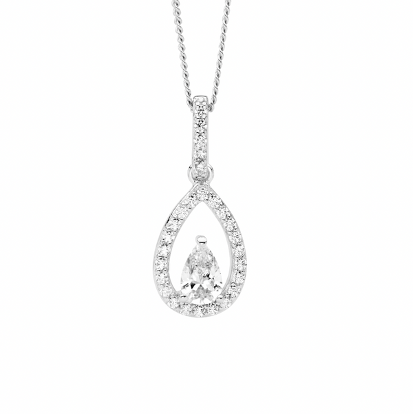 White CZ Open Pear with White Pear CZ Centre Drop Pendant Necklace