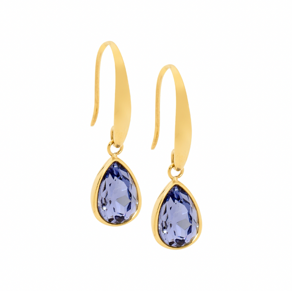 Purple Teardrop Crystal Glass Stainless Steel Gold Hook Earrings