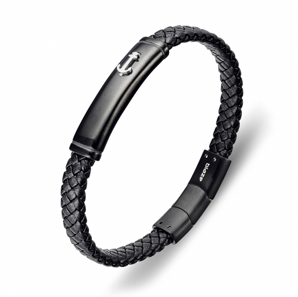 Blaze Stainless Steel 8mm Black Leather Bracelet with Anchor Design