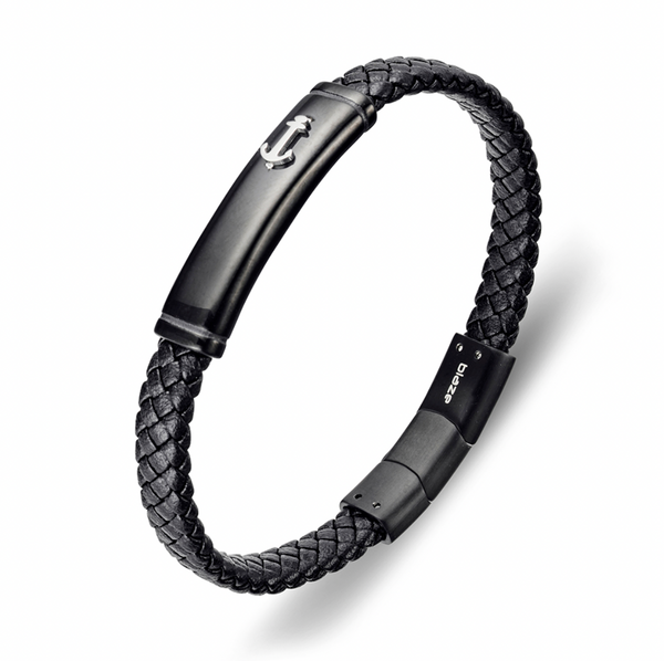 Blaze Stainless Steel 8mm Black Leather Bracelet with Anchor Design