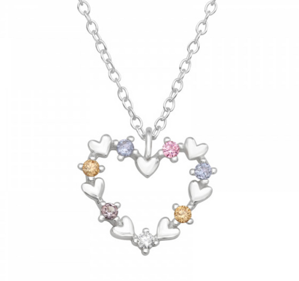 Heart with Colourful CZ Silver Necklace