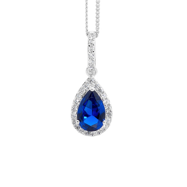 Dark Blue CZ Pear Drop with White CZ Surround - Pendant & Earring