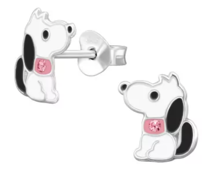 Kids Dog with Pink Crystal Silver Stud Earring
