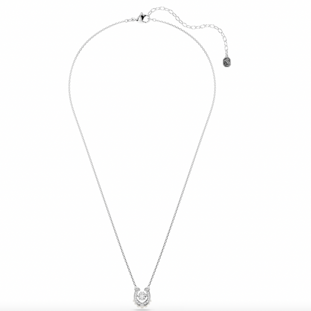 Symbolica: Pave Round Cut Crystal Pearl Horseshoe Silver Necklace