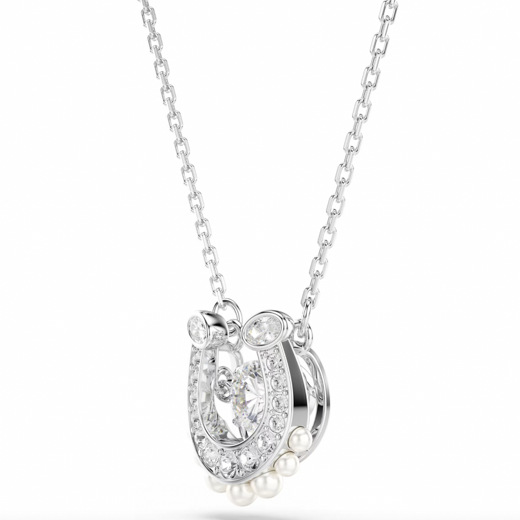 Symbolica: Pave Round Cut Crystal Pearl Horseshoe Silver Necklace