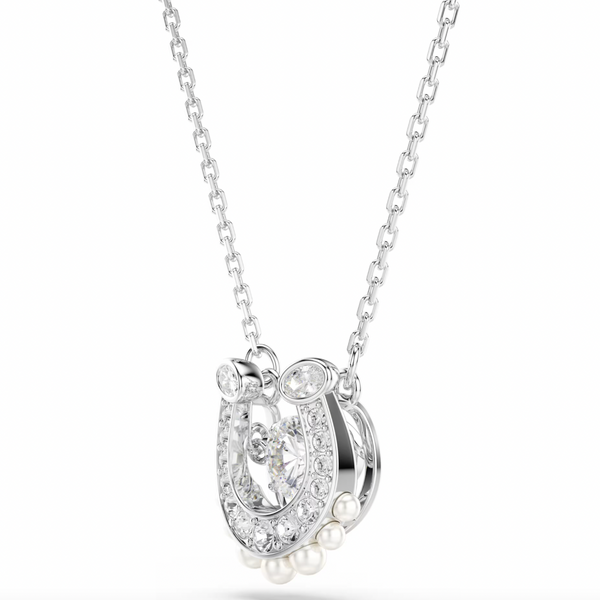 Symbolica: Pave Round Cut Crystal Pearl Horseshoe Silver Necklace