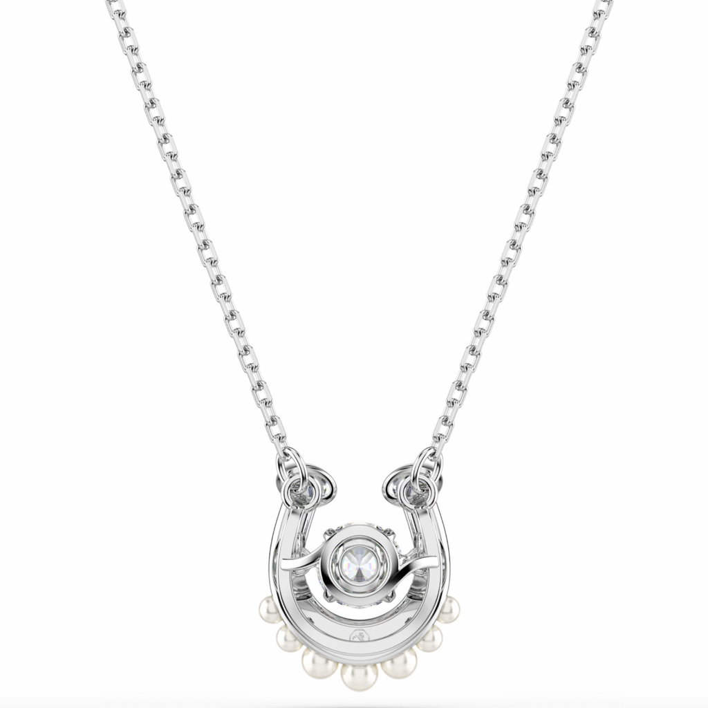 Symbolica: Pave Round Cut Crystal Pearl Horseshoe Silver Necklace