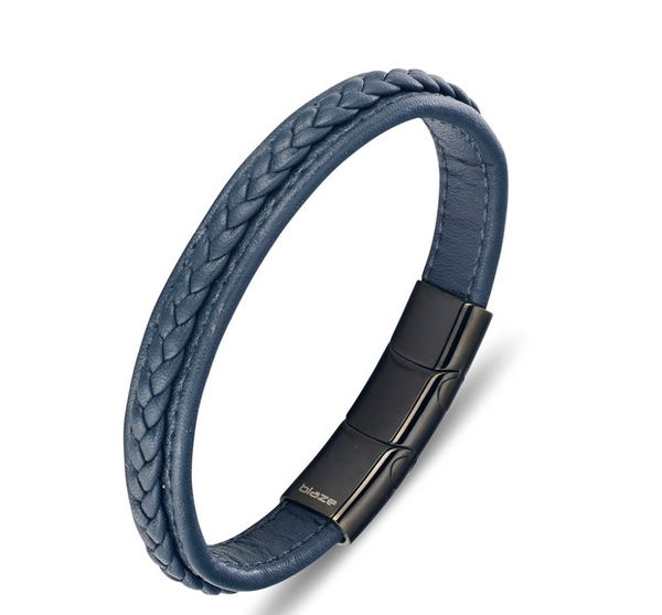Bracelet - Blaze Stainless Steel Men's Leather Bangle with Stitching - 3 colours
