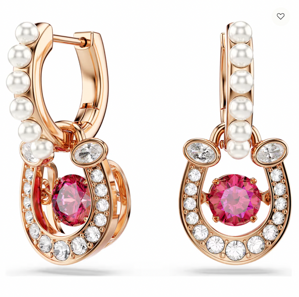 Symbolica: Pave Red Round Cut Horseshoe Rosegold Drop Earrings w/ Crystal Peals