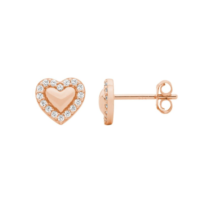 8mm Heart with Cubic Zirconias Stud Earrings - 3 Colours