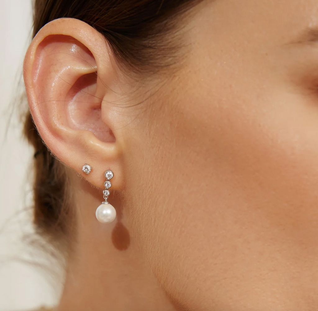 Miss Dainty - Tennis Beaded Stone Pearl Drop Stud Earrings - 2 Colours