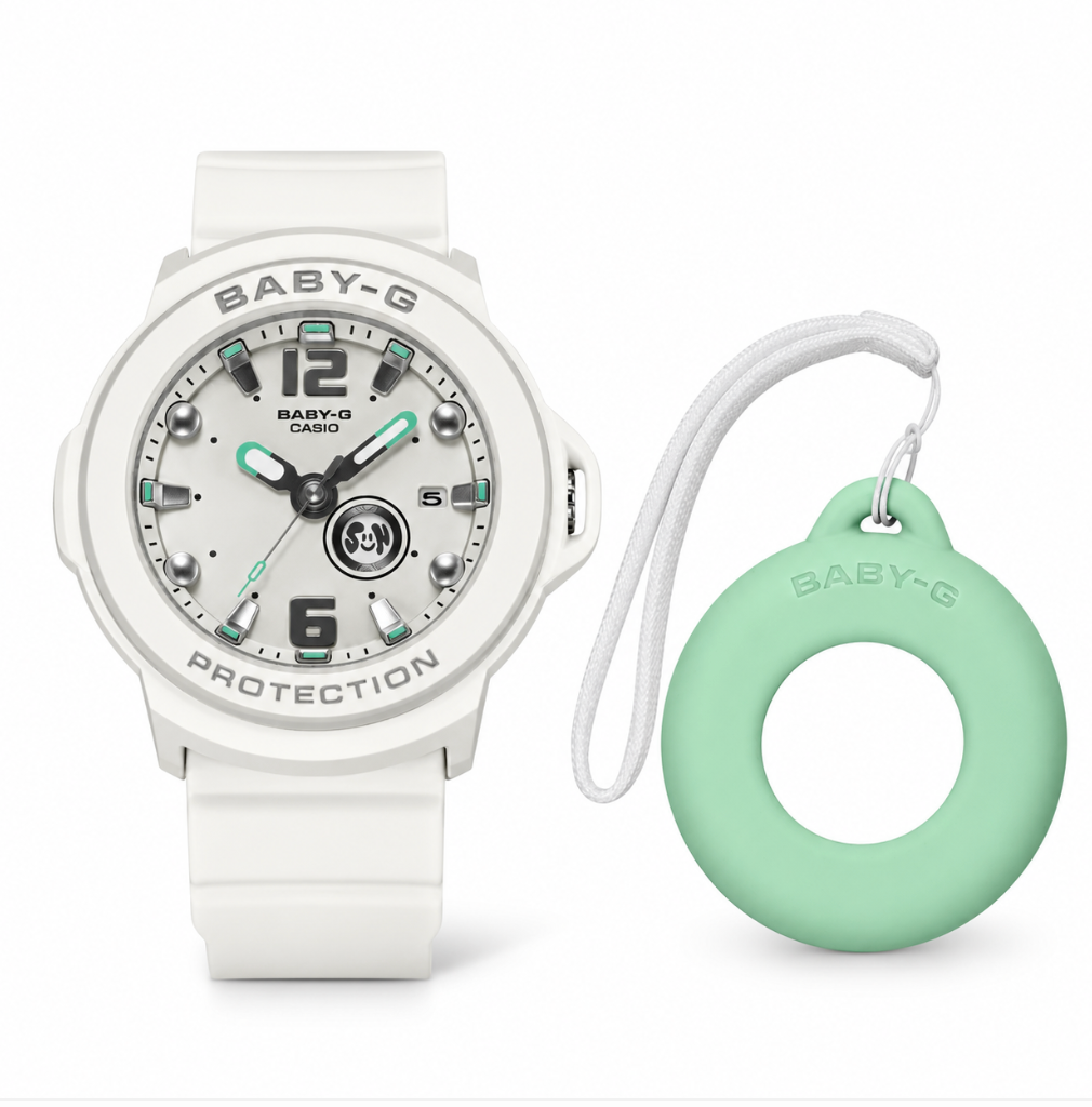 Baby G: Analogue with Silver Dial White Band (Green Centre Case Holder)