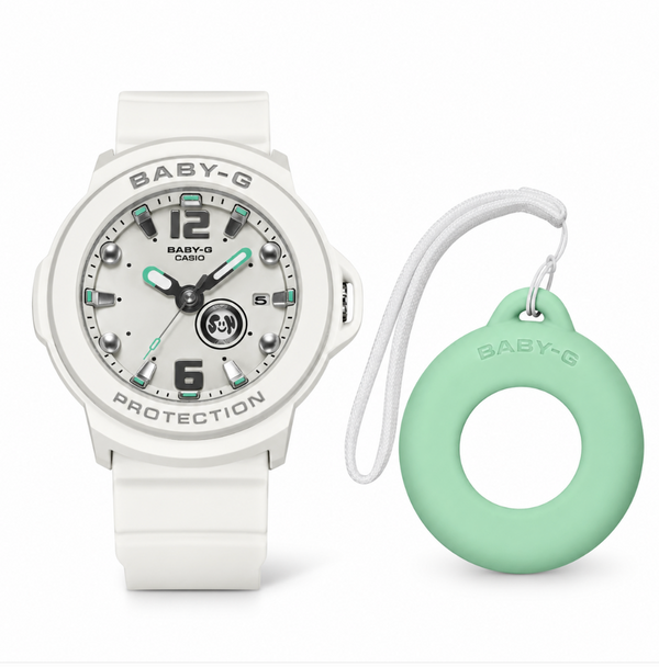 Baby G: Analogue with Silver Dial White Band (Green Centre Case Holder)