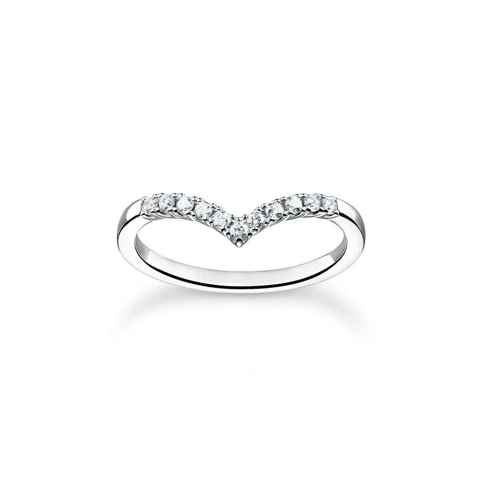 V-Shape with White Stones Silver Ring