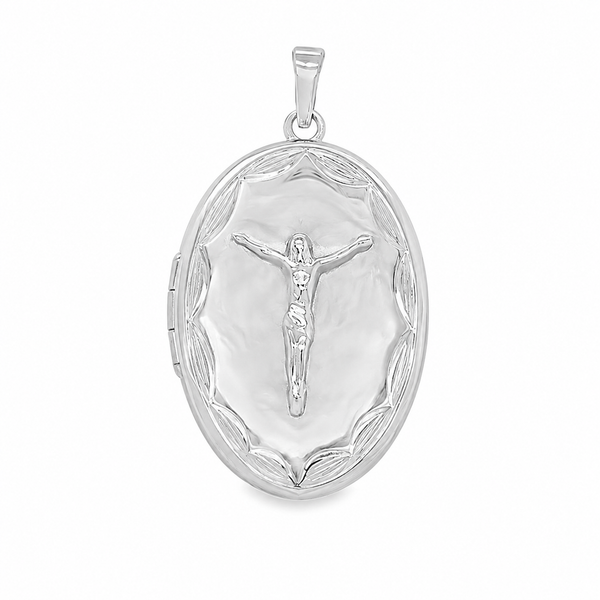 S/S  Crucifix Engraved Oval Locket