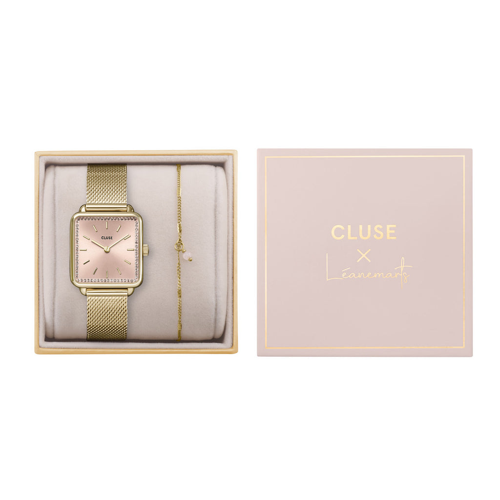 CLUSE La Tetragone Light Rose Gold Mesh Watch + Chain Bracelet Gift Set