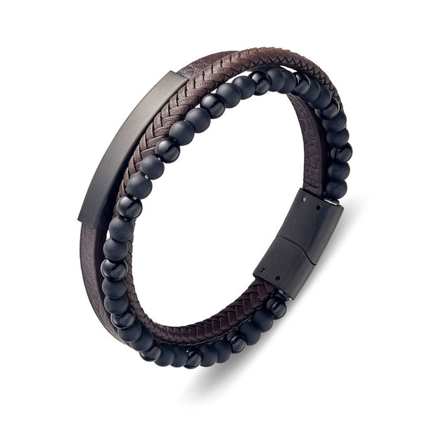 Bracelet - Blaze S/Steel Multi-strand Brown Leather and Black Beaded Bangle