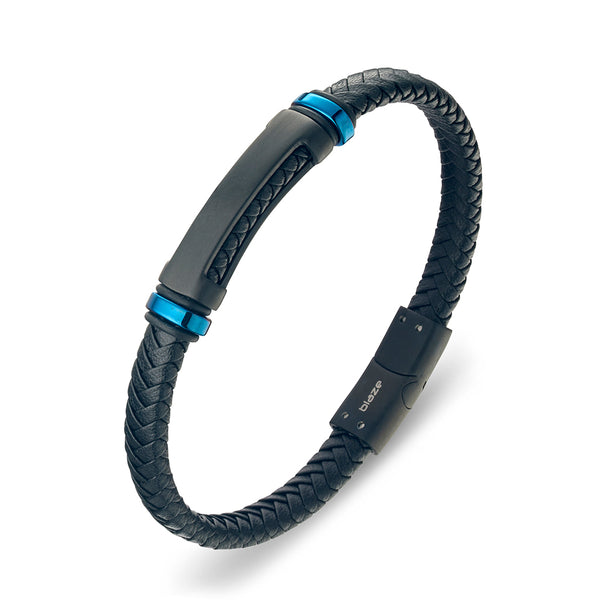 Blaze stainless steel black leather bangle with black ‘nameplate’ & electric blue details