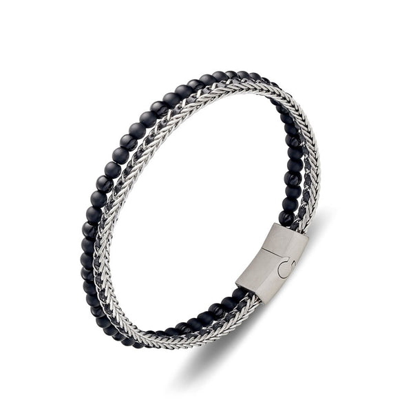 Bracelet - Blaze Stainless Steel Double-Strand Leather and Beaded Bangle - 2 colours available