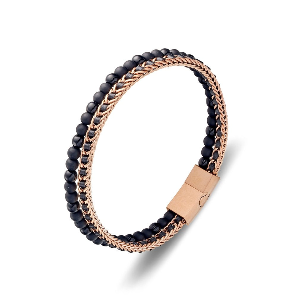 Bracelet - Blaze Stainless Steel Double-Strand Leather and Beaded Bangle - 2 colours available