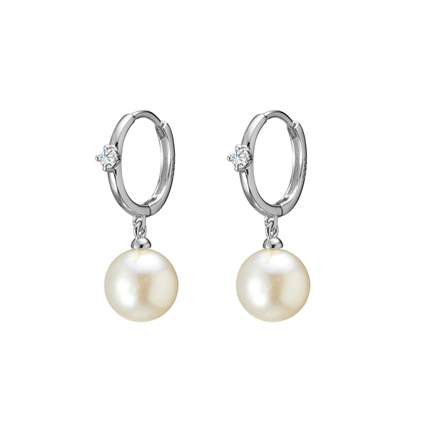 Earring -  Drop Pearl w/ single CZ  Huggie