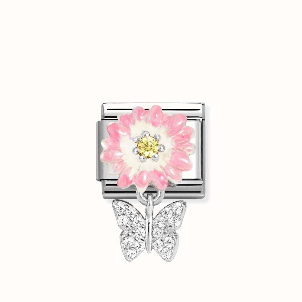 Pink Daisy with Butterfly Drop Silver Charm