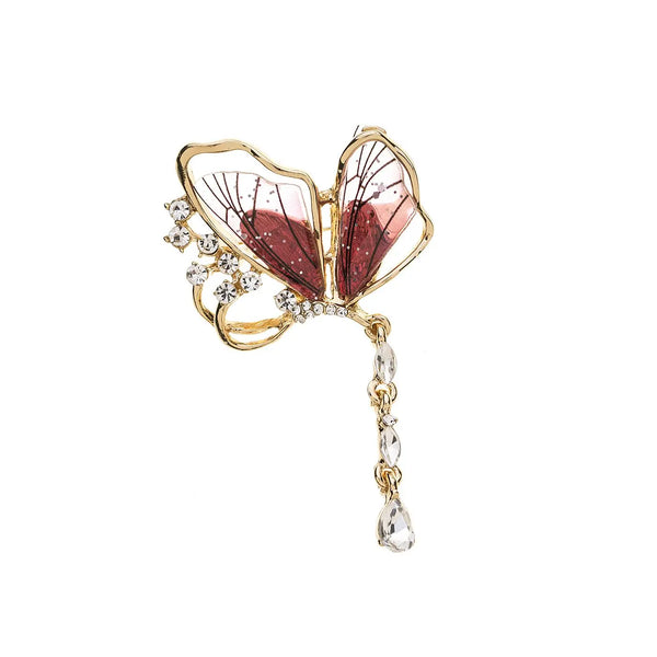 Brooch - Red Butterfly with Crystal Drop