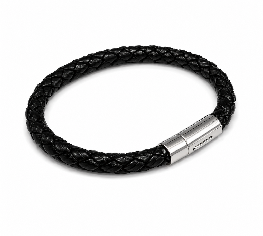 Black Leather Bangle with Press Magnet Clasp