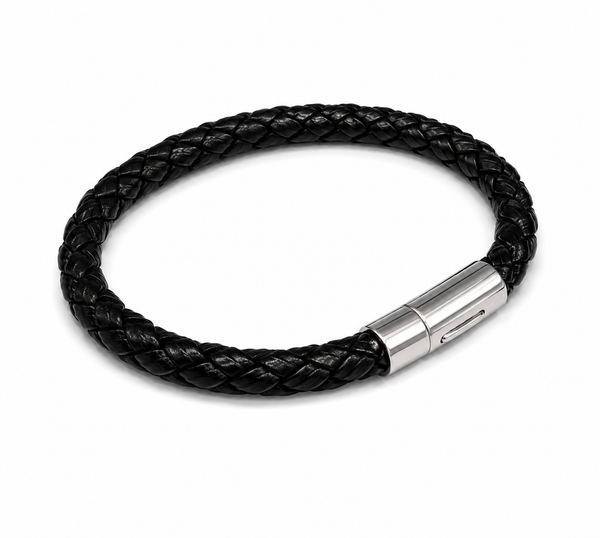 Black Leather Bangle with Press Magnet Clasp
