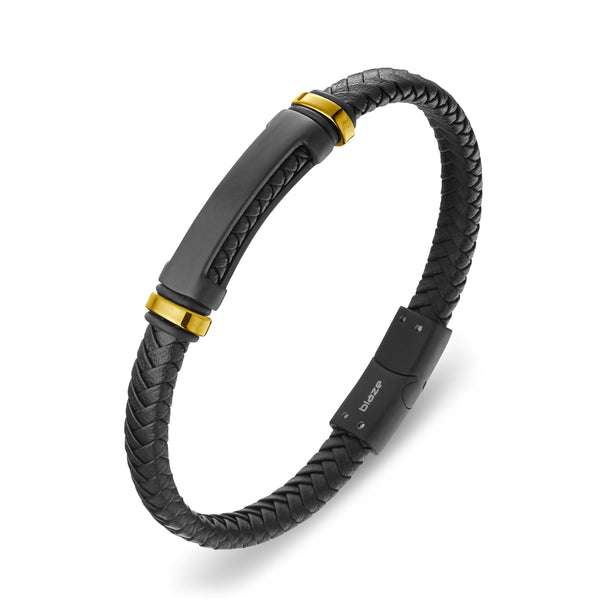 Blaze stainless steel black leather bangle with black ‘nameplate’