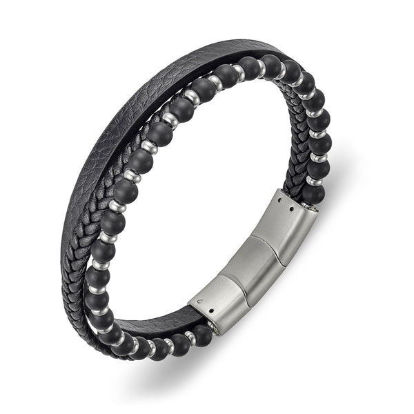 Bracelet - Blaze Double Leather and Ball Bangle in IP Black and S/Steel