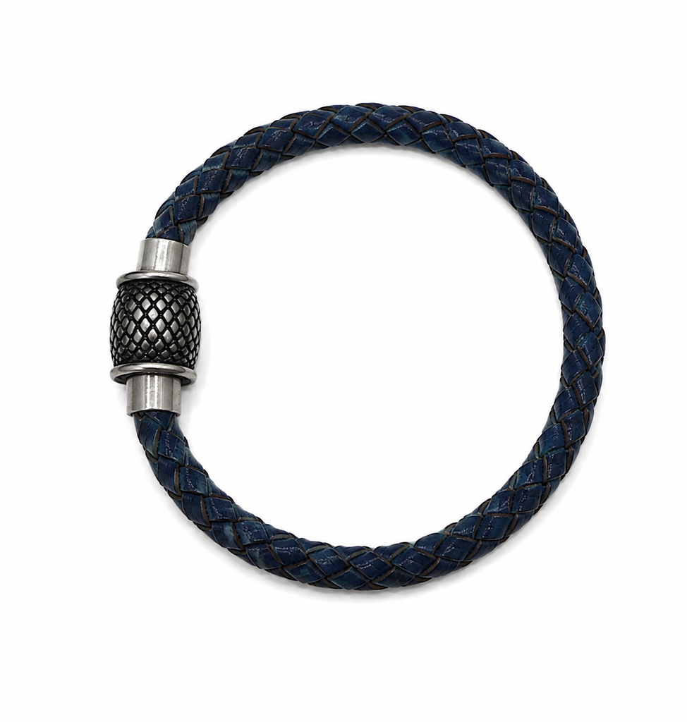 Blue Leather Bangle with Chunky Magnet Clasp